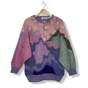 Vintage Pastel Colour Block Knit Sweater w/ Flower & Bead Details